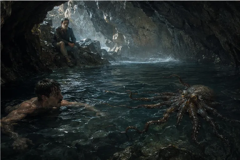 AI-generated illustration of a swimmer and an octopus in a sea cave, with an observer on the rocks, inspired by Sark