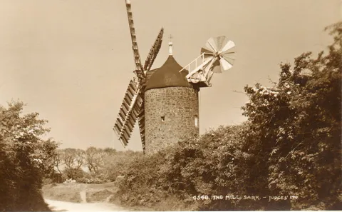 The Sark windmill with its sails and fantail still fitted, photographed about 1914, Sark, Channel Islands