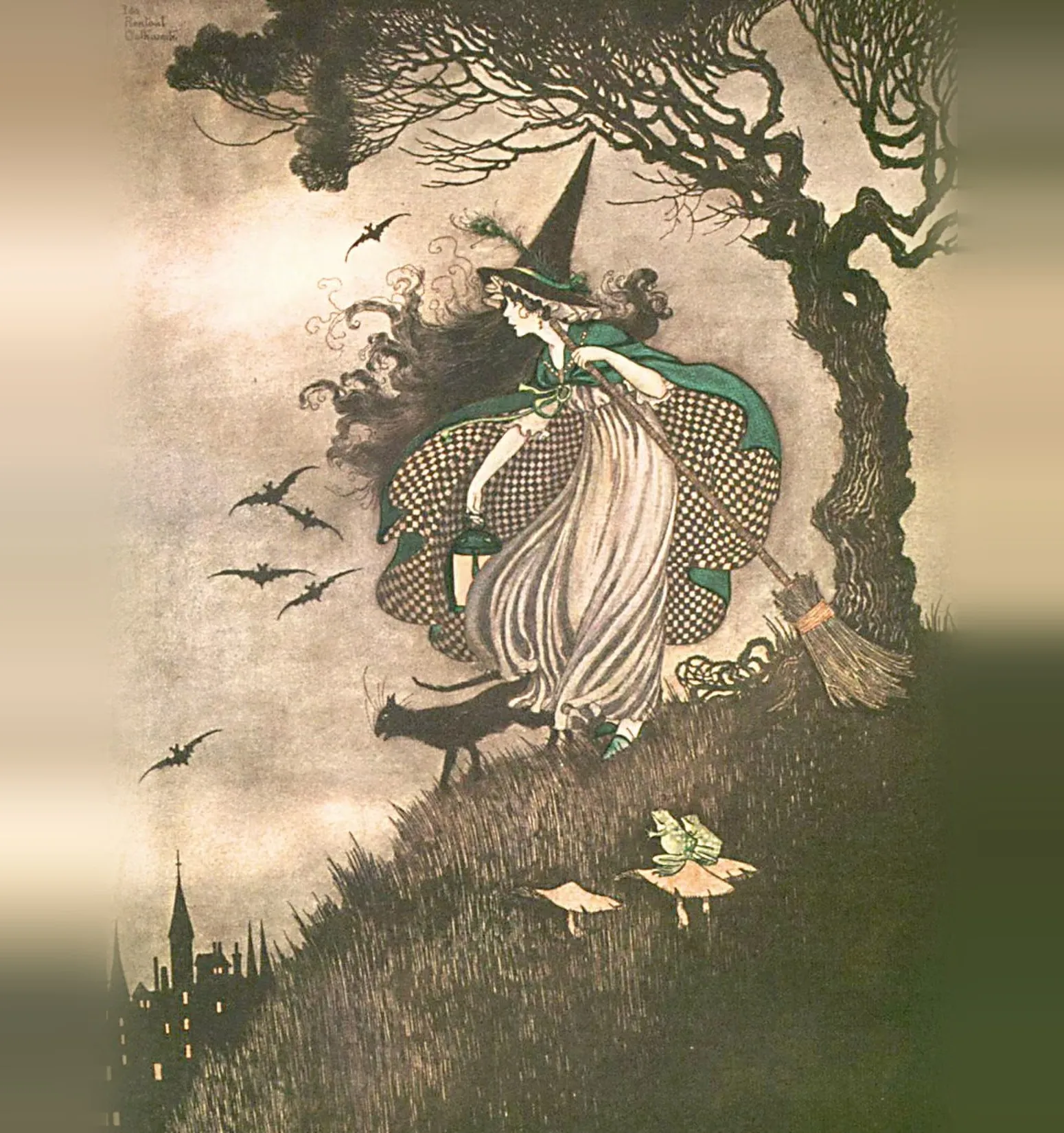 Illustration of a witch on a broomstick with bats and a black cat for a Sark Journal article, Sark, Channel Islands