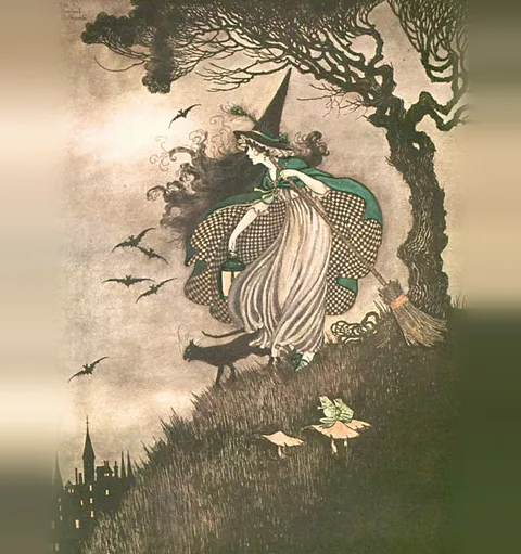 Illustration of a witch on a broomstick with bats and a black cat for a Sark Journal article, Sark, Channel Islands