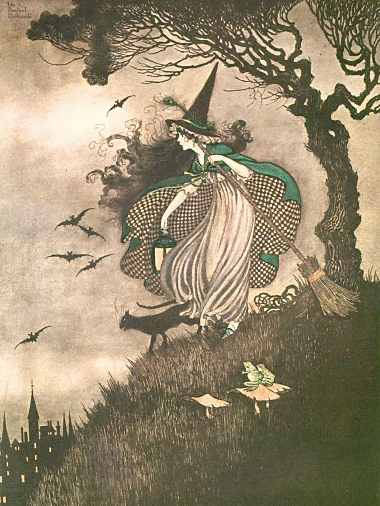 A period illustration of a young witch in a pointed hat and green cloak walking down a grassy hillside with a broom over her shoulder and a black cat at her heel, bats in the sky above and a lit town in the valley below