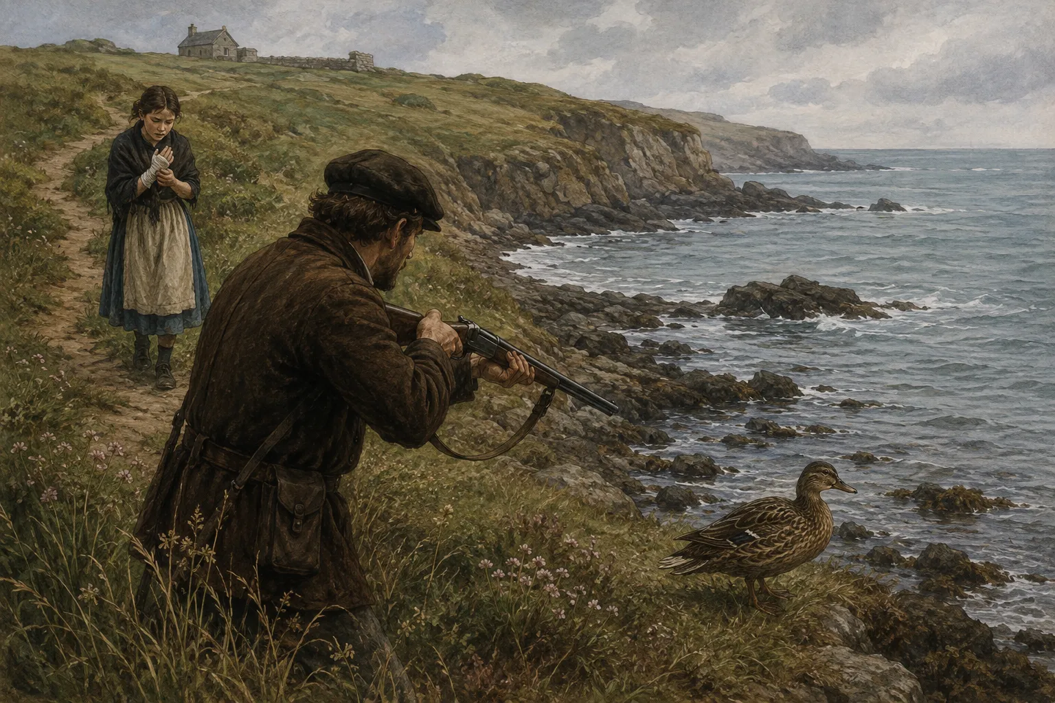 An illustrative reconstruction of the Sark folklore story of a hunter, a duck and a wounded hand near Havre Gosselin, Sark