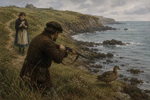 An illustrative reconstruction of the Sark folklore story of a hunter, a duck and a wounded hand near Havre Gosselin, Sark
