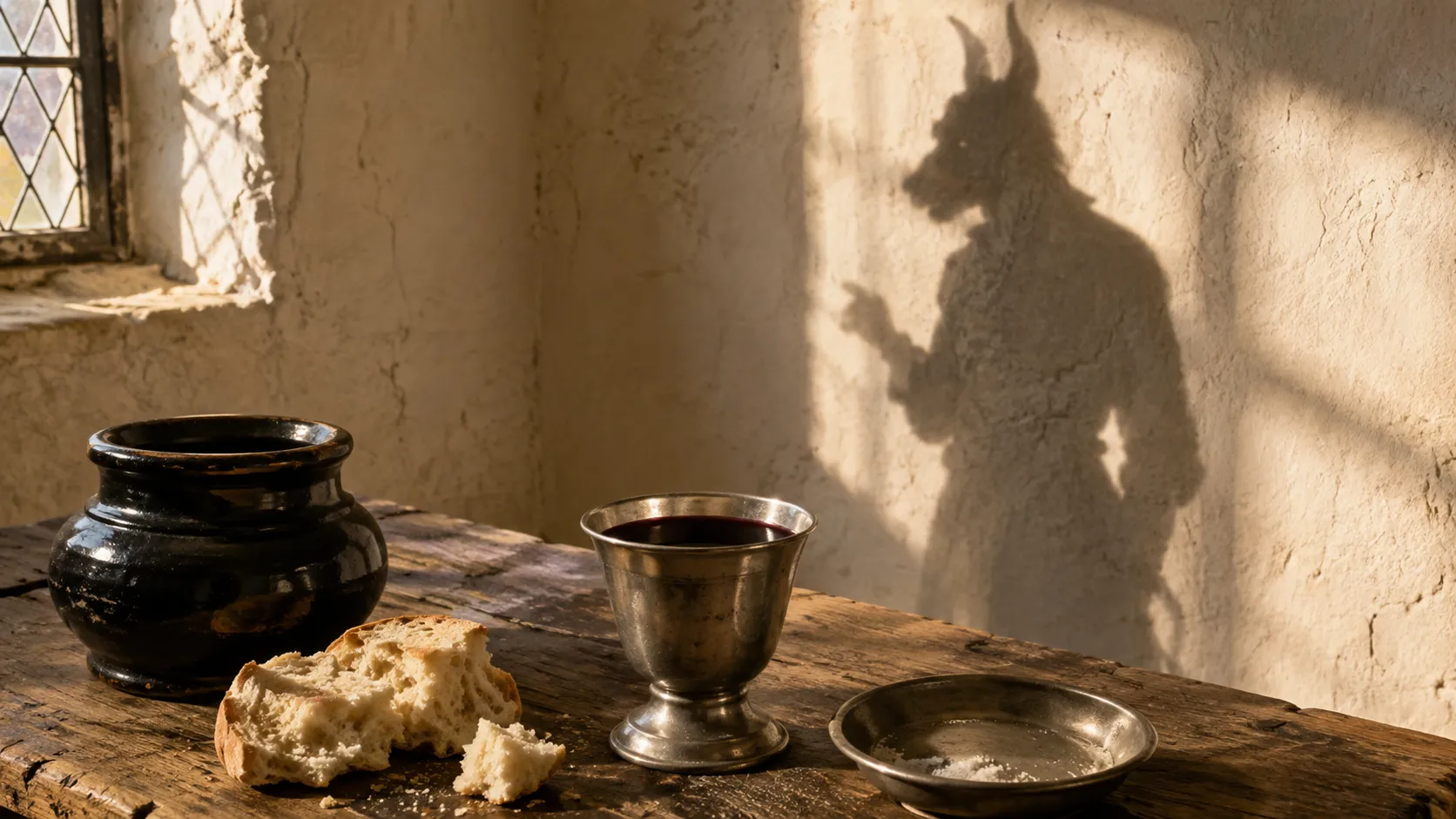 A horned shadow on a wall behind a table set with bread and wine, Channel Islands