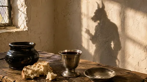 A horned shadow on a wall behind a table set with bread and wine, Channel Islands