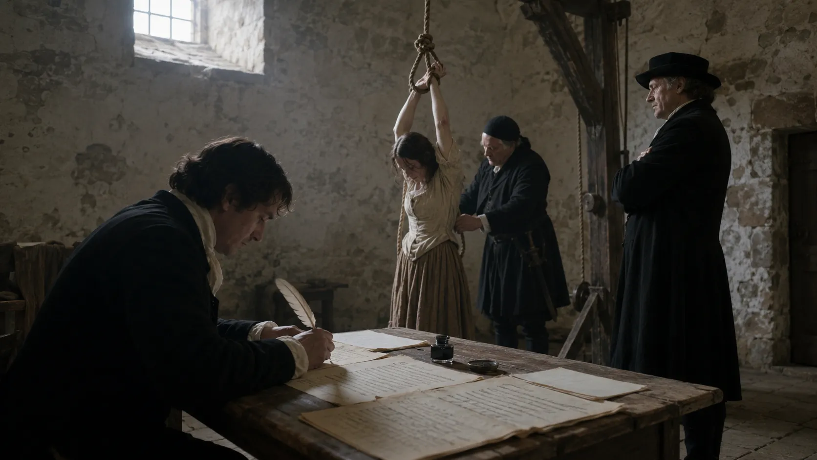 An illustrated interrogation room, used as historical context for Guernsey's witch trials