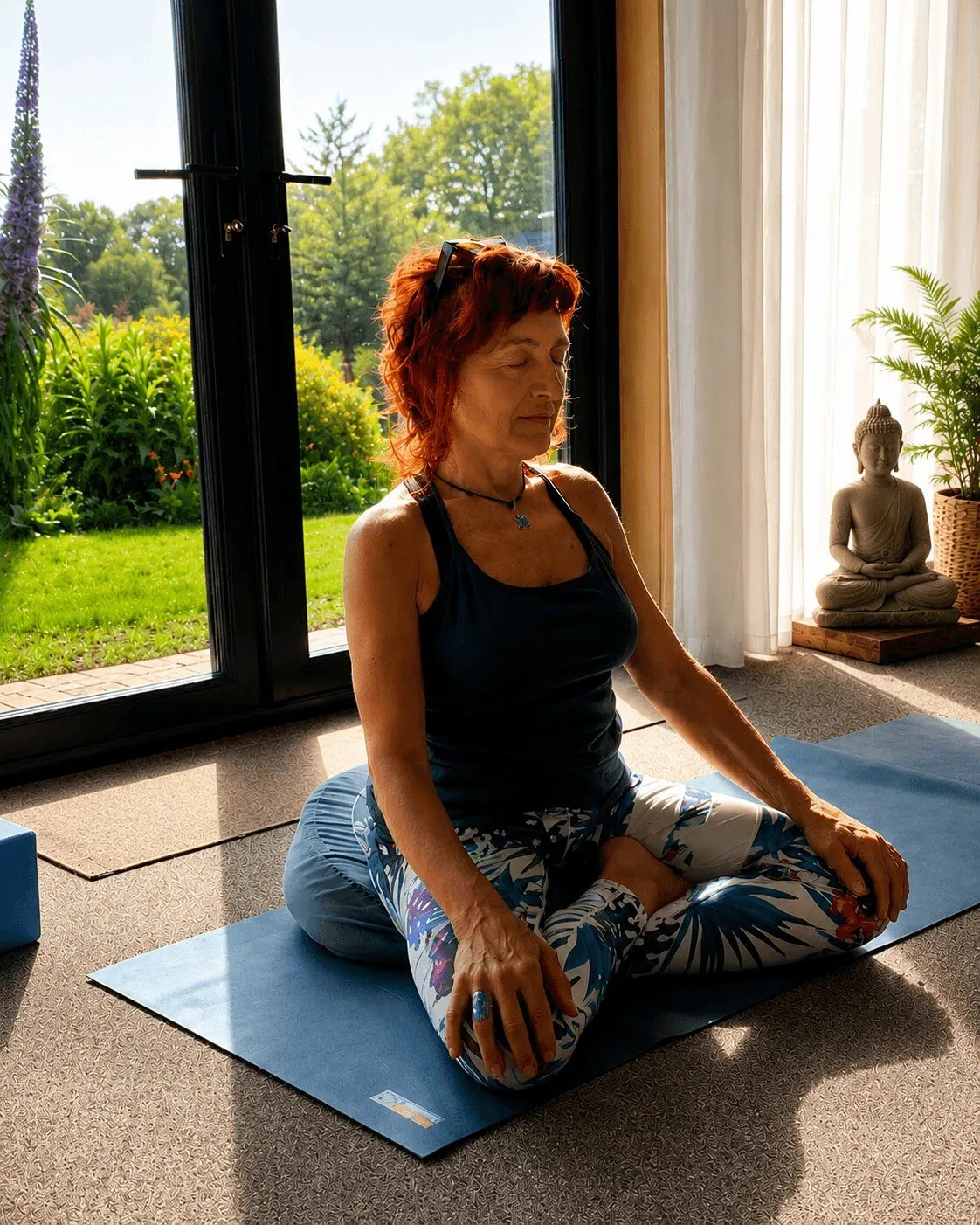A senior yoga teacher in the yoga studio on Sark, Channel Islands