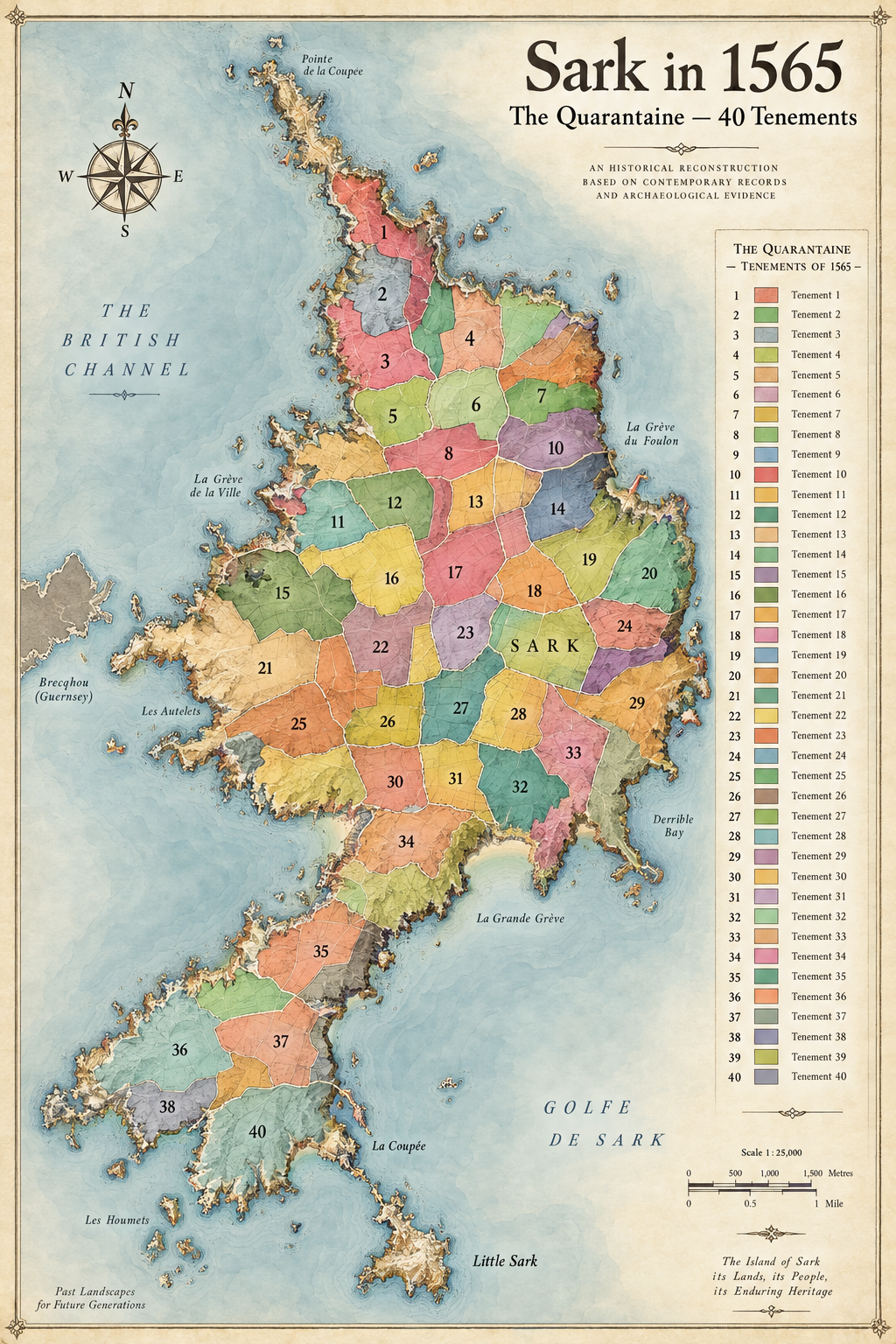 Illustrated map of the 1565 Sark land divisions, with numbered areas and a printed key